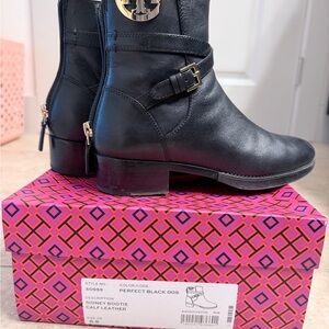 Tory Burch Black Leather Ankle Boots with Gold Accent